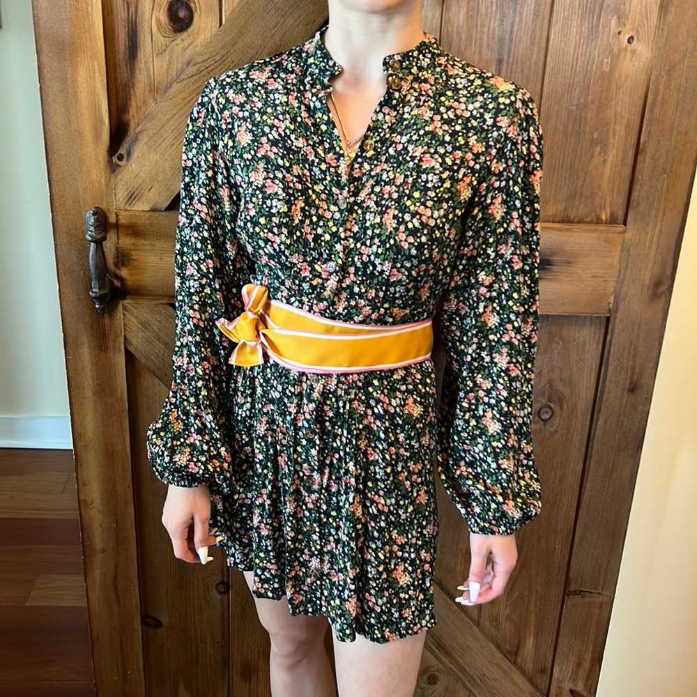 Sezane Dark Green Floral Mini Dress with Striped Waist Sash - Picture 4 of 13